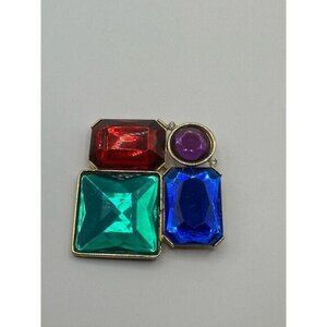 Vintage Gold Tone Rhinestone Brooch Pin W/ Red Green Blue & Purple Gemstones